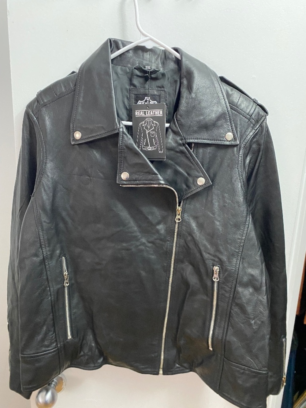 Minimalist Black Real Leather Moto Biker Jacket - Size XXXL